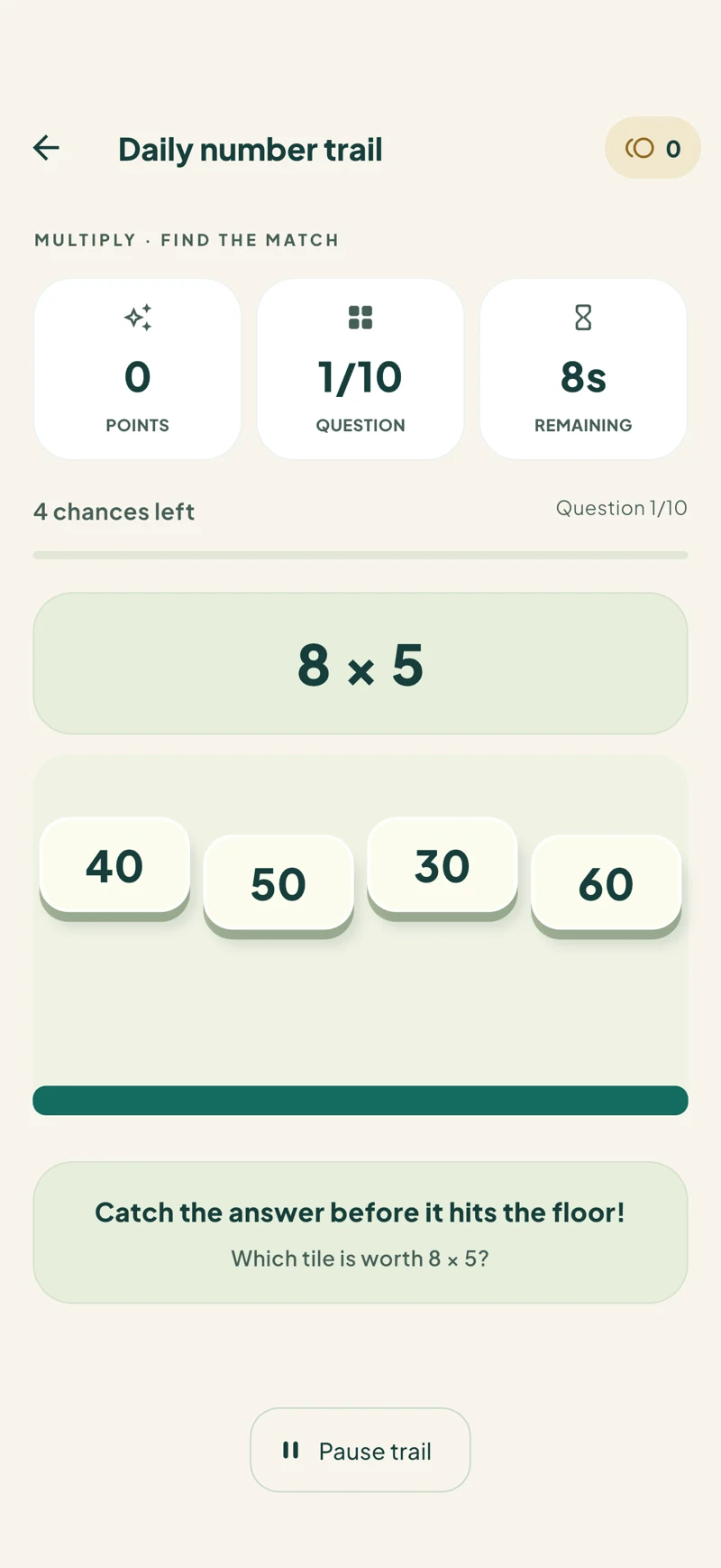 Catch falling numbers in Tap the Answer