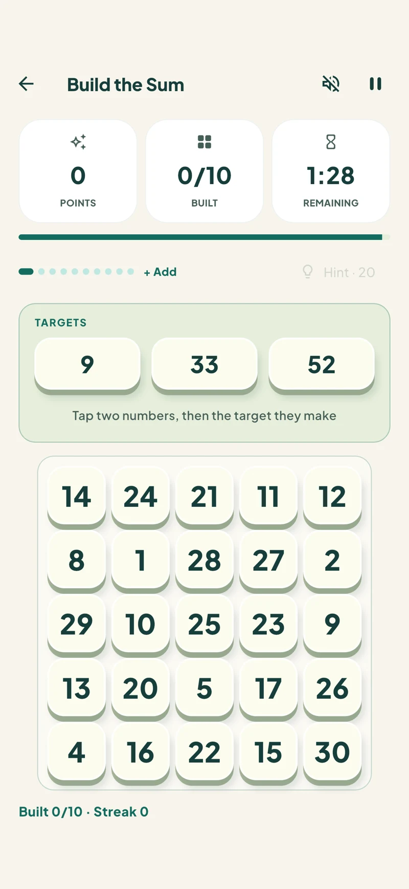 Build the Sum gameplay in Puzzlecub’s cream-and-teal interface